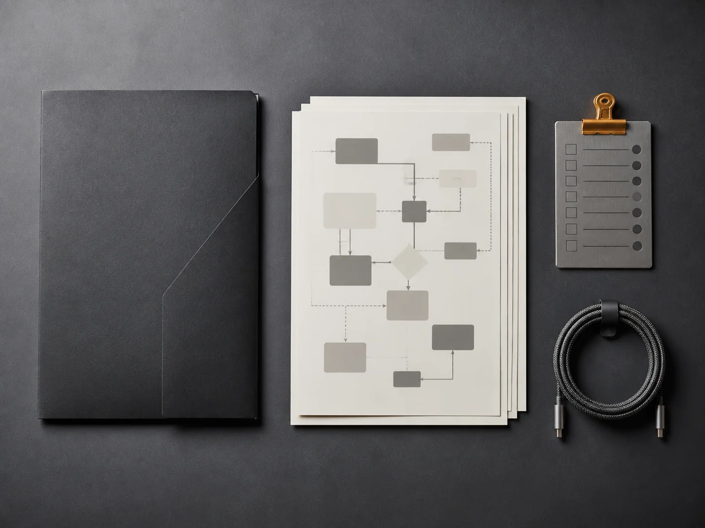 Charcoal folder, process sheets, metal checklist and braided cable arranged on a graphite desk